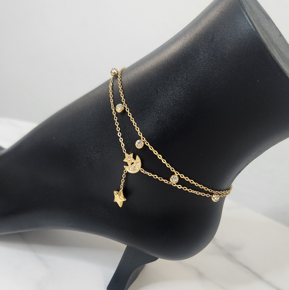 Gold Plated Moon & Star Celestial Layered Anklet